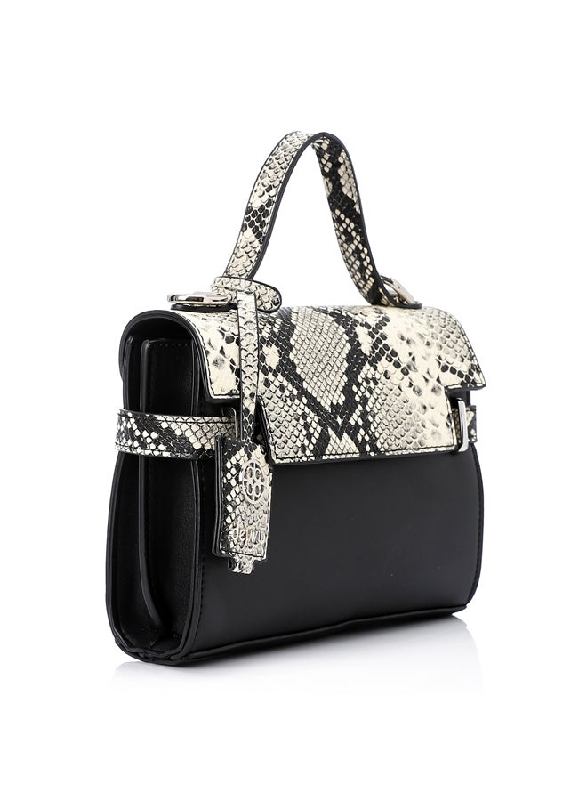 Reptile Pattern Cross Body Bag With Extra Handle - Black & Off White