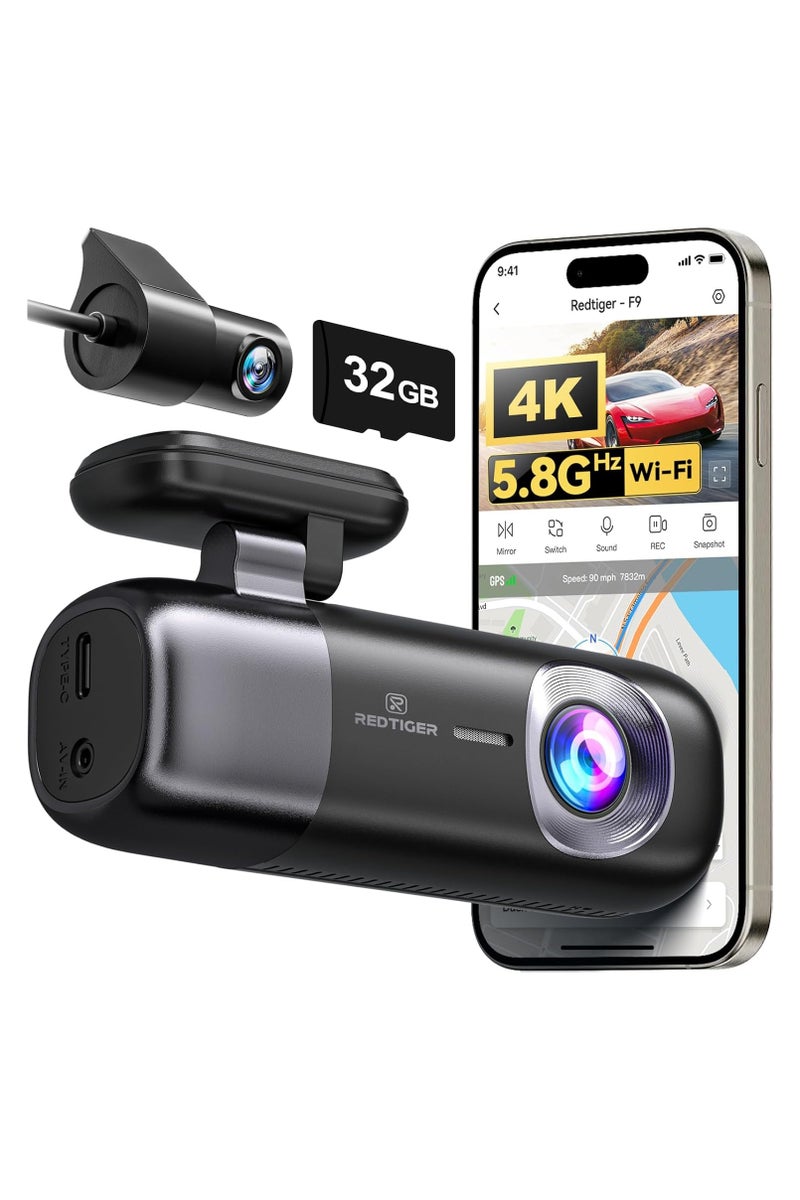 REDTIGER F9 Dash Cam 4K Front and Rear 1080P with Smart App Control,Dual Dash Cam for Cars with 32GB SD Card,GPS,Built-in WiFi,Night Vision,Parking Monitor,Loop Support 256GB Max - Image 1