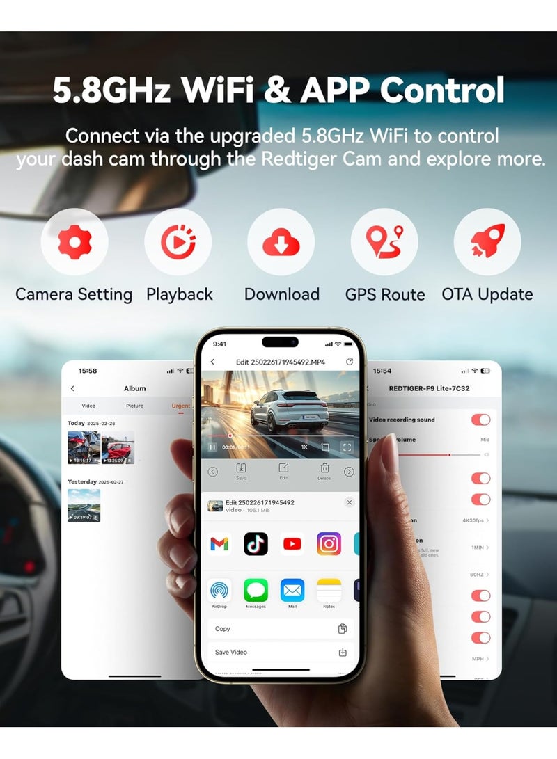 REDTIGER F9 Dash Cam 4K Front and Rear 1080P with Smart App Control,Dual Dash Cam for Cars with 32GB SD Card,GPS,Built-in WiFi,Night Vision,Parking Monitor,Loop Support 256GB Max - Image 3