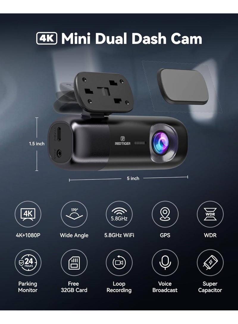 REDTIGER F9 Dash Cam 4K Front and Rear 1080P with Smart App Control,Dual Dash Cam for Cars with 32GB SD Card,GPS,Built-in WiFi,Night Vision,Parking Monitor,Loop Support 256GB Max - Image 4