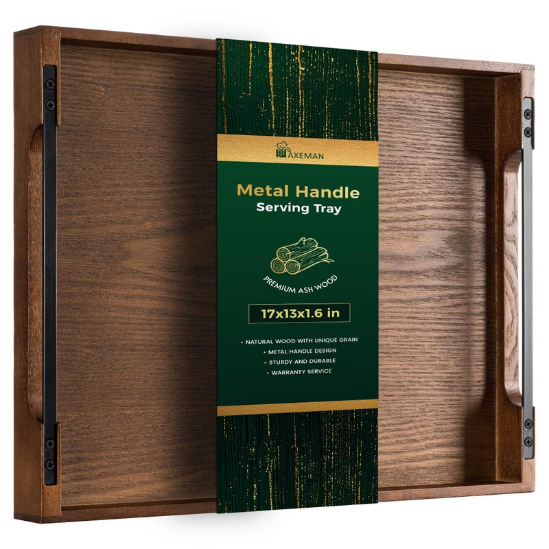Axeman Wooden Serving Tray with Metal Handles|Ottoman Tray for Breakfast, Bed, Couch|17x13in Ash Wood Coffee Table Trays|Food Drinks Decorative Storage Boards for Ottoman Kitchen, Walnut - Image 1