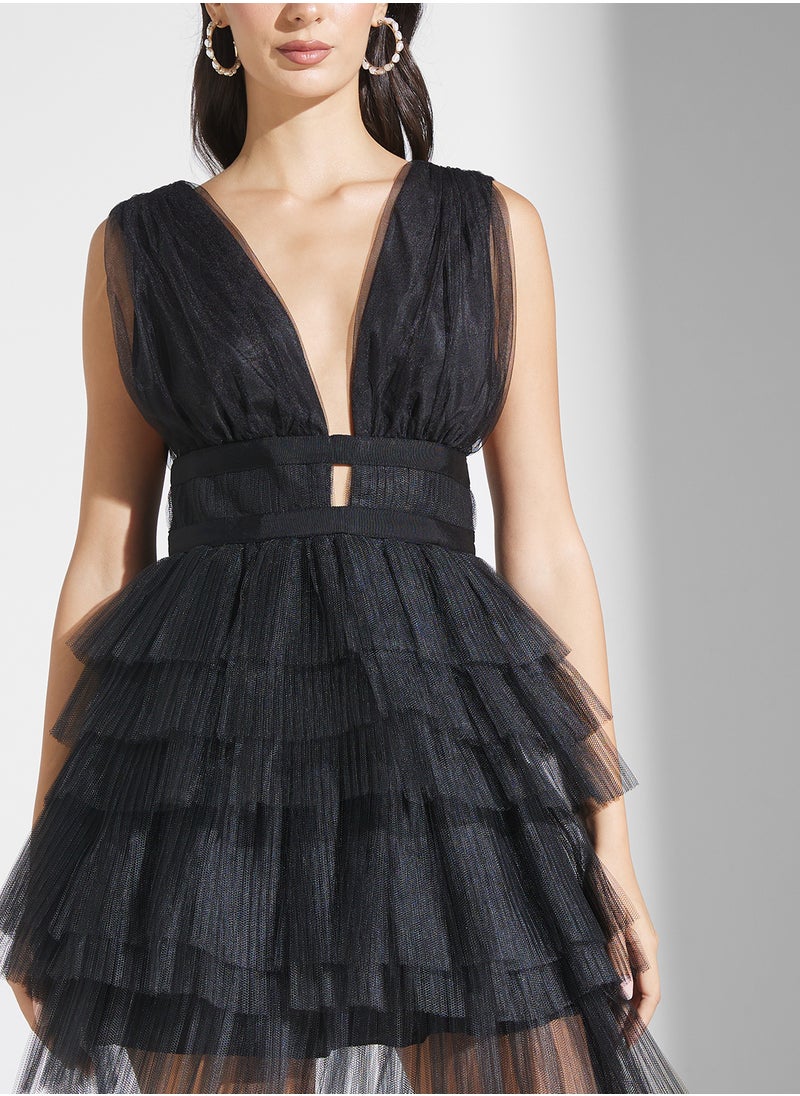 True Decadence - Plunge Neck Ruffle Dress - Image 1