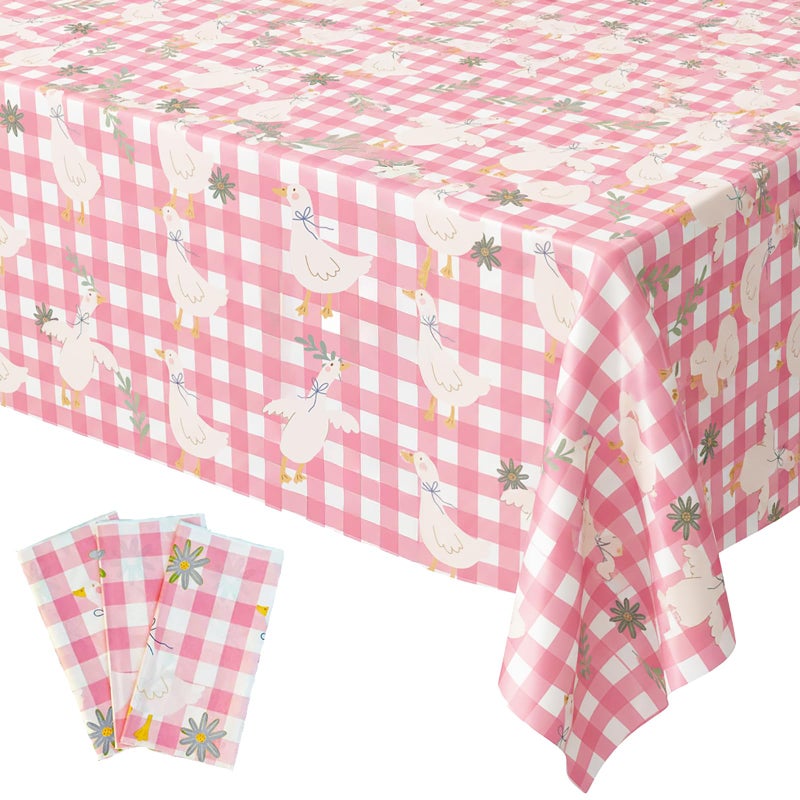 Unidemo 3 Pcs Silly Goose Tablecloths Pink Gingham Disposable Plastic Table Covers for Baby Shower One Silly Goose Birthday Decorations 108 x 54 Inches - Image 1
