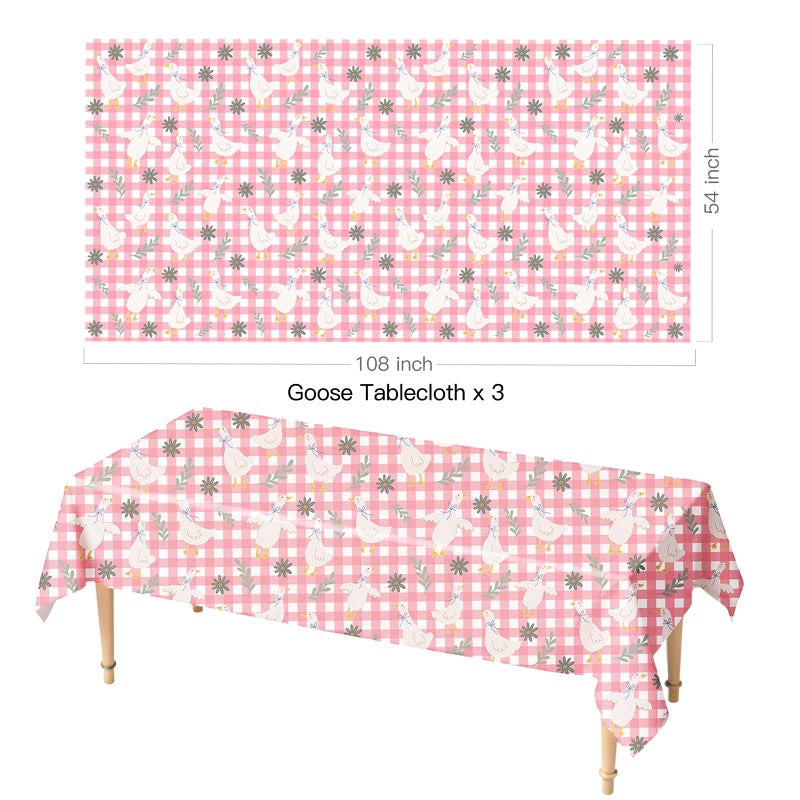 Unidemo 3 Pcs Silly Goose Tablecloths Pink Gingham Disposable Plastic Table Covers for Baby Shower One Silly Goose Birthday Decorations 108 x 54 Inches - Image 2