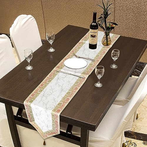 E - Ezra E -Ezra Silk Table Runner Tringle Pattern Table Decor Cloth Embroidered Patchwork Dinning 14 X72 Inch Decorative Table Runner (White) - Image 1