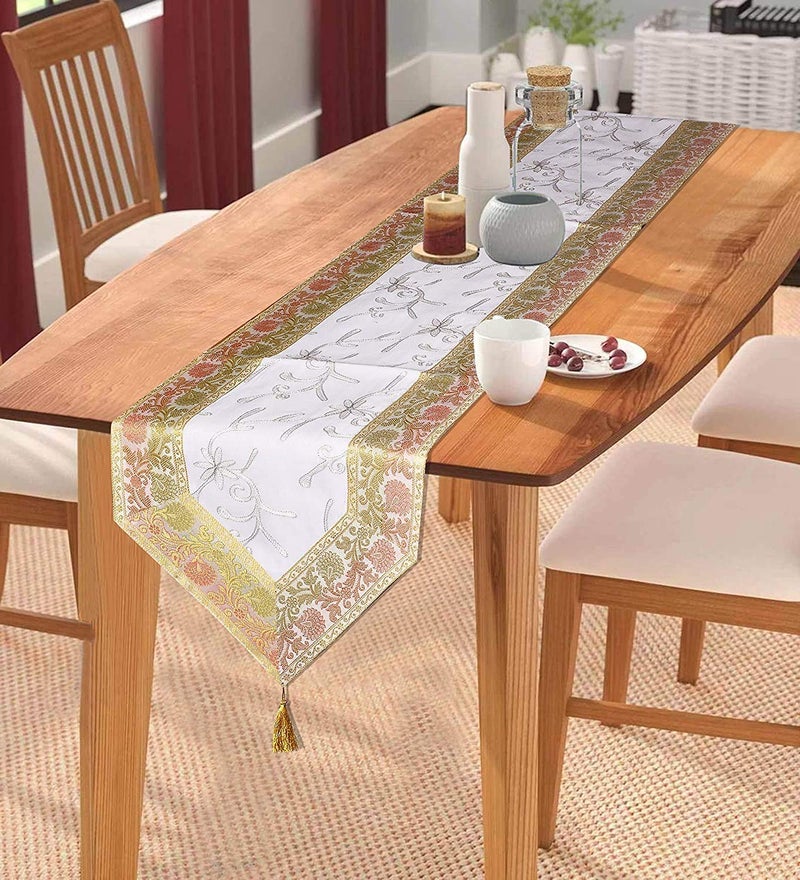 E - Ezra E -Ezra Silk Table Runner Tringle Pattern Table Decor Cloth Embroidered Patchwork Dinning 14 X72 Inch Decorative Table Runner (White) - Image 5
