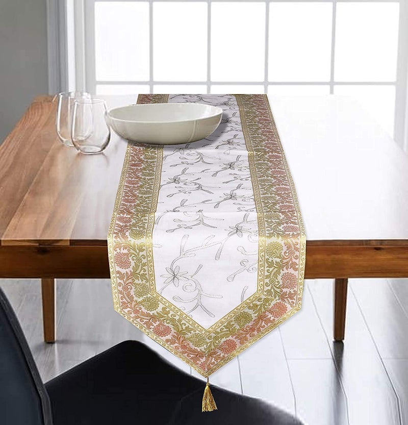 E - Ezra E -Ezra Silk Table Runner Tringle Pattern Table Decor Cloth Embroidered Patchwork Dinning 14 X72 Inch Decorative Table Runner (White) - Image 4