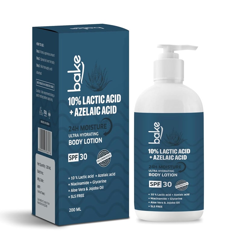BAKE 10 Lactic Acid Body Lotion with Azelaic Acid Smooths Rough Bumpy Skin Exfoliates Skin Reduces Body Acne Ultra Hydrating Body Lotion 200ml - Image 1