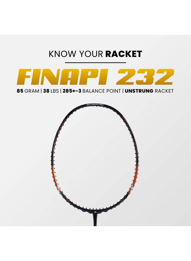 Apacs راكيت بادلمنتون أبكس فينابي 232 (38 رطل، صنع في فيتنام) 100% جرافيت ياباني، عالي المودول، عالي القوة بدون وتر مع غلاف كامل (برتقالي) - Image 2