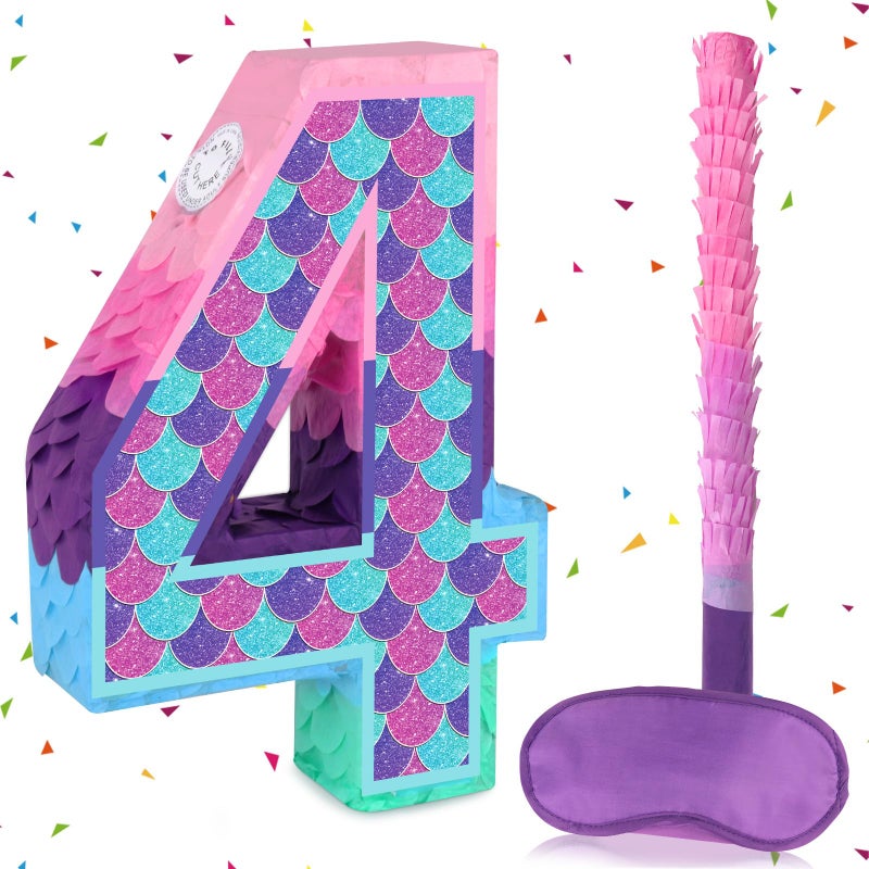 Lemicin Mermaid Number 4 Pinata with Stick Blindfold for Girl 4th Birthday Party Decoration Colorful Paper Flaver Anniversary Celebration for Childrens Ocean Mermaid Theme Carnival Event Decoration - Image 3