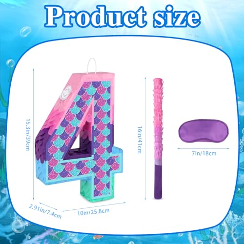 Lemicin Mermaid Number 4 Pinata with Stick Blindfold for Girl 4th Birthday Party Decoration Colorful Paper Flaver Anniversary Celebration for Childrens Ocean Mermaid Theme Carnival Event Decoration - Image 5