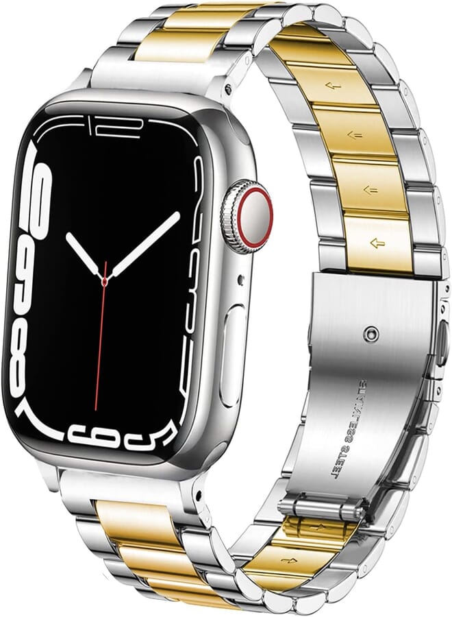 DEALELE Bands Compatible with iWatch 42mm 44mm 45mm 49mm, Solid Stainless Steel Metal Replacement Strap for Apple Watch Series 9/8 / 7/6 / 5/4 / 3 / SE/Ultra Women Men (Silver/Gold)