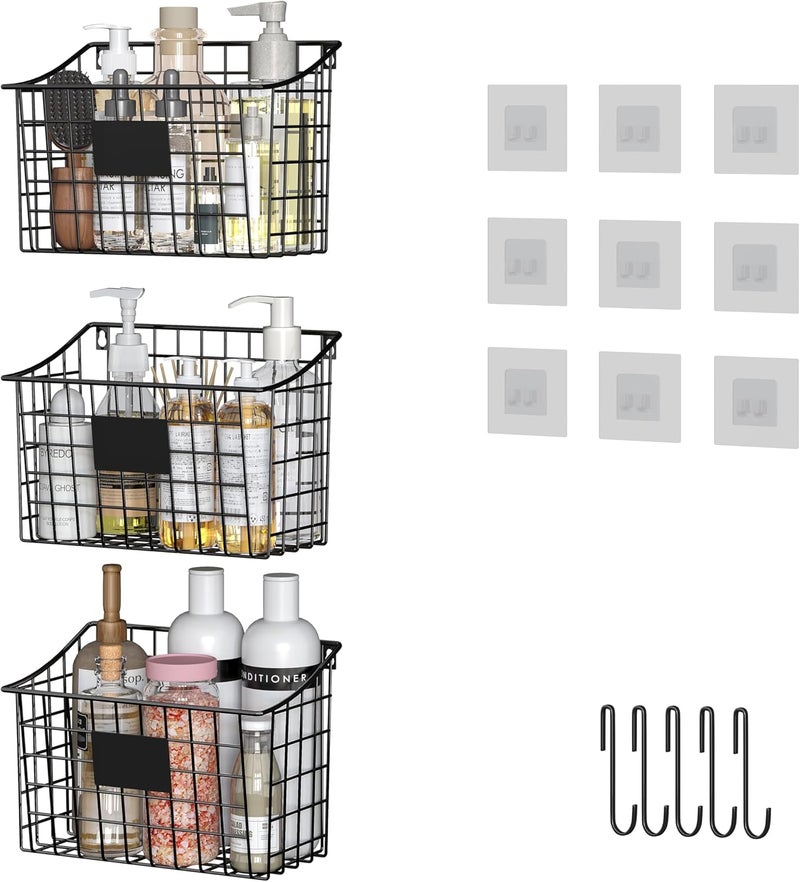 Xcosrack Wall Mounted Bin Basket with 5 Hooks 3 Label Plate Adhesive-3 Pack, Cabinet Hanging Metal Wire Basket,Rustic Farmhouse Decor, Storage Organization Shelf for Pantry Kitchen Bathroom 10.6*7.5*5.1inch - Image 1