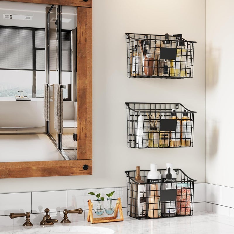 Xcosrack Wall Mounted Bin Basket with 5 Hooks 3 Label Plate Adhesive-3 Pack, Cabinet Hanging Metal Wire Basket,Rustic Farmhouse Decor, Storage Organization Shelf for Pantry Kitchen Bathroom 10.6*7.5*5.1inch - Image 2