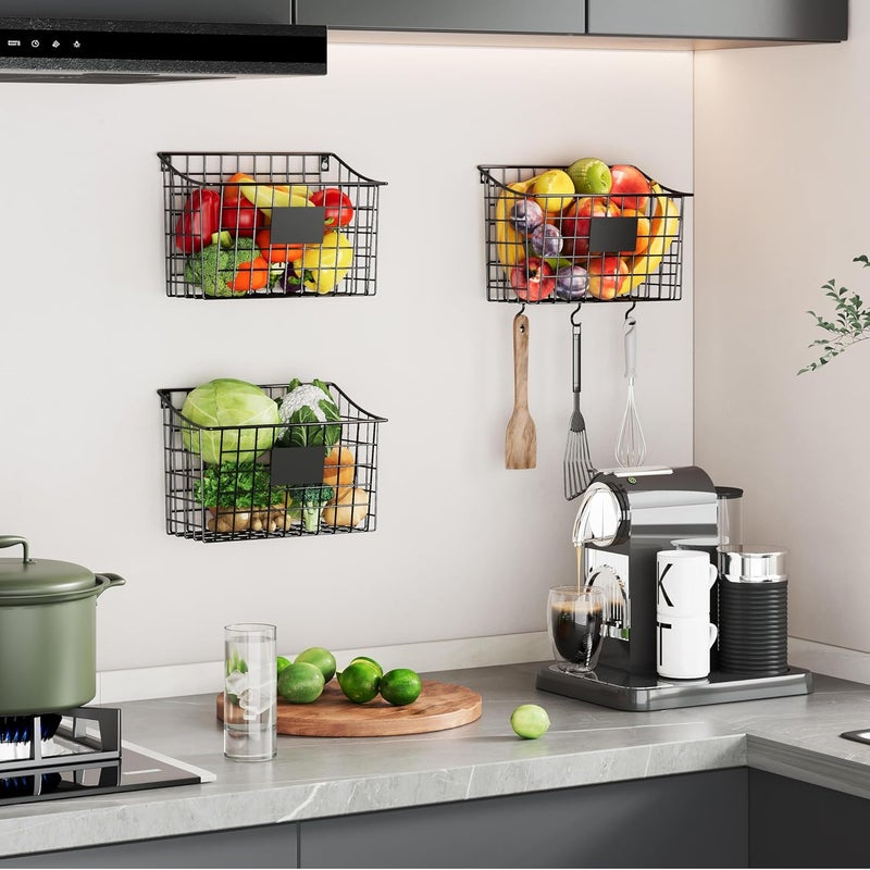 Xcosrack Wall Mounted Bin Basket with 5 Hooks 3 Label Plate Adhesive-3 Pack, Cabinet Hanging Metal Wire Basket,Rustic Farmhouse Decor, Storage Organization Shelf for Pantry Kitchen Bathroom 10.6*7.5*5.1inch - Image 4