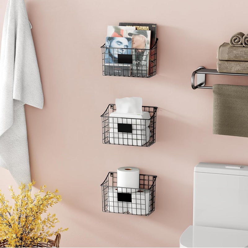 Xcosrack Wall Mounted Bin Basket with 5 Hooks 3 Label Plate Adhesive-3 Pack, Cabinet Hanging Metal Wire Basket,Rustic Farmhouse Decor, Storage Organization Shelf for Pantry Kitchen Bathroom 10.6*7.5*5.1inch - Image 3