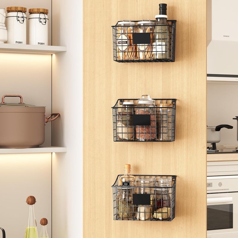 Xcosrack Wall Mounted Bin Basket with 5 Hooks 3 Label Plate Adhesive-3 Pack, Cabinet Hanging Metal Wire Basket,Rustic Farmhouse Decor, Storage Organization Shelf for Pantry Kitchen Bathroom 10.6*7.5*5.1inch - Image 5