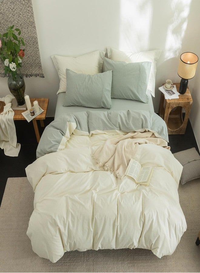 BDEAR INS Linen Feel Double Sided Reversible Duvet Cover Queen Size 90''W x 90''L, Oeko TEX Standard Cotton Duvet Cover with Zipper Closure Plus 2 Pillowcases, Pale Yellow Plus Sage Green - Image 4