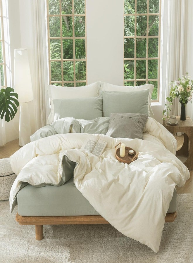 BDEAR INS Linen Feel Double Sided Reversible Duvet Cover Queen Size 90''W x 90''L, Oeko TEX Standard Cotton Duvet Cover with Zipper Closure Plus 2 Pillowcases, Pale Yellow Plus Sage Green - Image 5