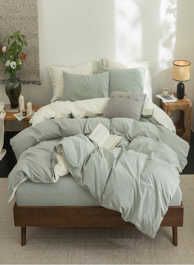 BDEAR INS Linen Feel Double Sided Reversible Duvet Cover Queen Size 90''W x 90''L, Oeko TEX Standard Cotton Duvet Cover with Zipper Closure Plus 2 Pillowcases, Pale Yellow Plus Sage Green - Image 3