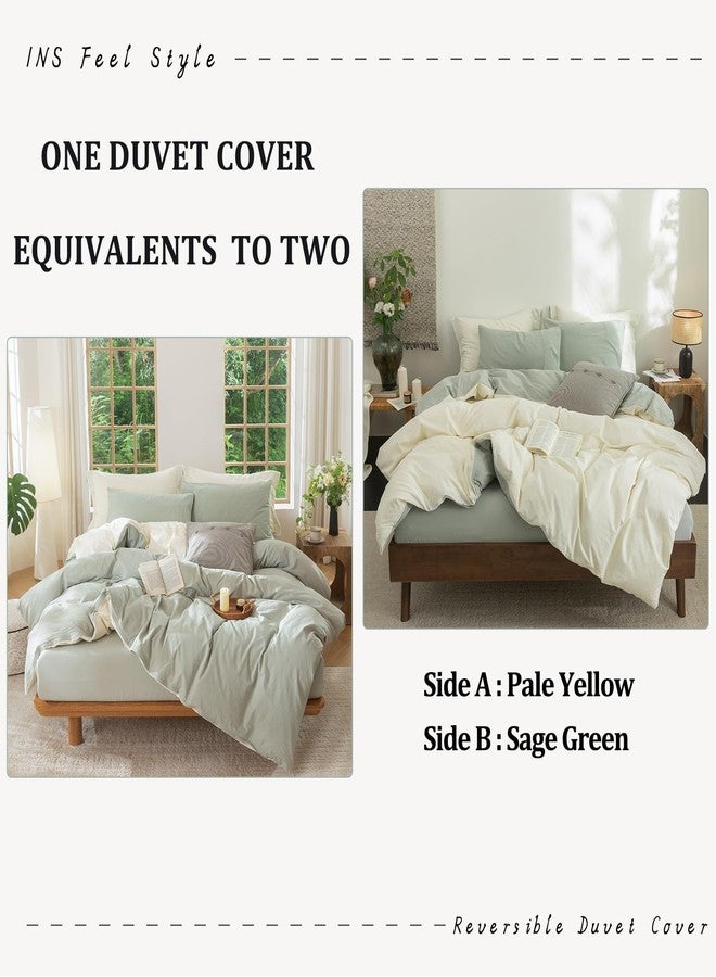 BDEAR INS Linen Feel Double Sided Reversible Duvet Cover Queen Size 90''W x 90''L, Oeko TEX Standard Cotton Duvet Cover with Zipper Closure Plus 2 Pillowcases, Pale Yellow Plus Sage Green - Image 2
