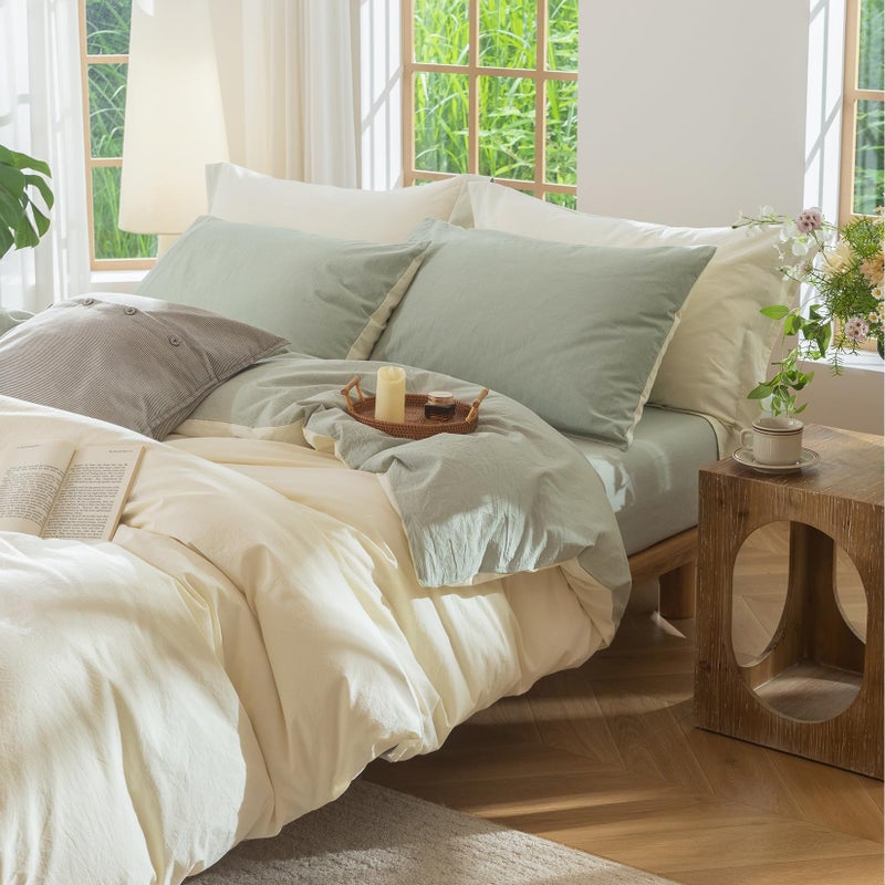 BDEAR INS Linen Feel Double Sided Reversible Duvet Cover Queen Size 90''W x 90''L, Oeko TEX Standard Cotton Duvet Cover with Zipper Closure Plus 2 Pillowcases, Pale Yellow Plus Sage Green - Image 1