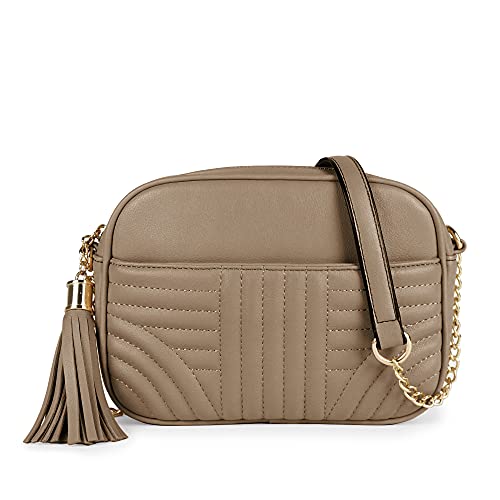 EVVE Quilted Crossbody Bags for Women - Stylish Camera Bag with Tassel - Lightweight Medium Size Shoulder Purse | Taupe - Image 1