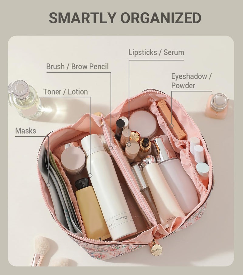 Aveniee Travel Makeup Bag for Women, Large Cosmetic Organizer with Open-Flat Design, Clear Divider & Handle - Waterproof PU Leather Toiletry Case (Floral Pattern) - Image 2
