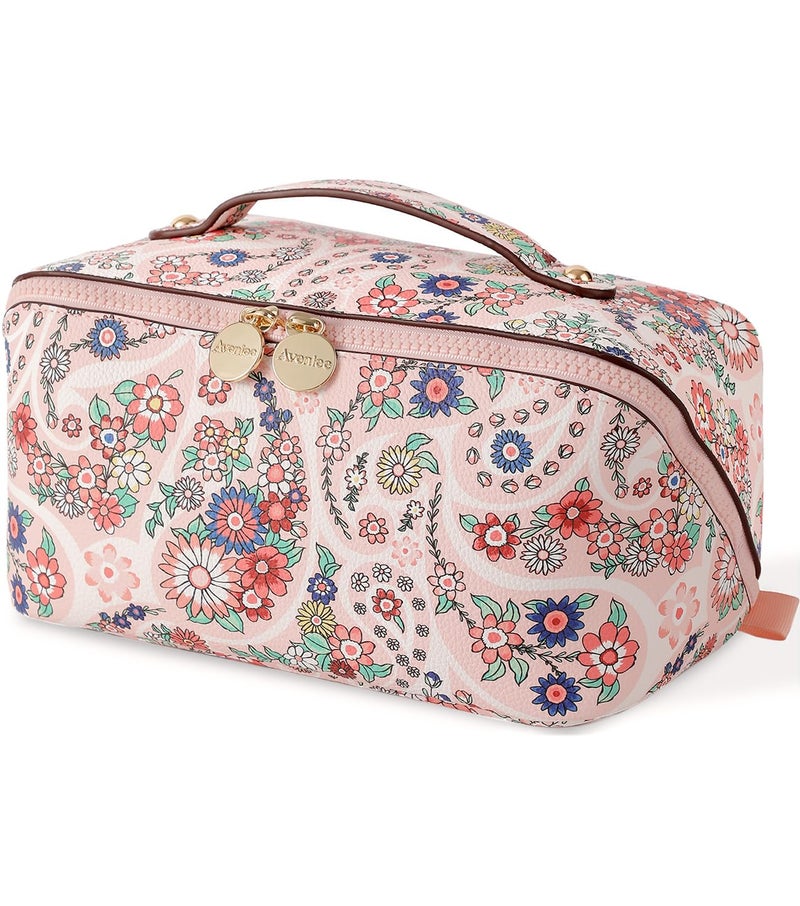 Aveniee Travel Makeup Bag for Women, Large Cosmetic Organizer with Open-Flat Design, Clear Divider & Handle - Waterproof PU Leather Toiletry Case (Floral Pattern) - Image 1