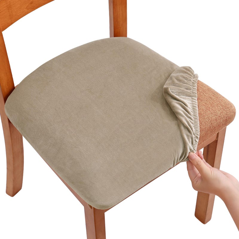 Smiry Velvet Seat Covers for Dining Room Chair Set of 4 Stretch Fit Removable Washable Chair Seat Cushion Protector Slipcovers with Ties Khaki - Image 2