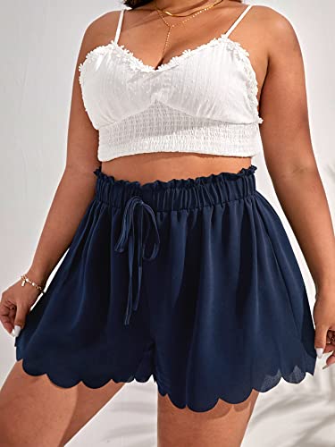 MakeMeChic Women's Plus Size Elastic Waist Scallop Trim Flowy Wide Leg Shorts Navy Blue 1XL - Image 3