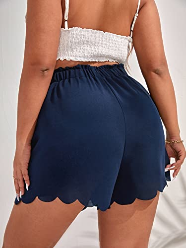 MakeMeChic Women's Plus Size Elastic Waist Scallop Trim Flowy Wide Leg Shorts Navy Blue 1XL - Image 2