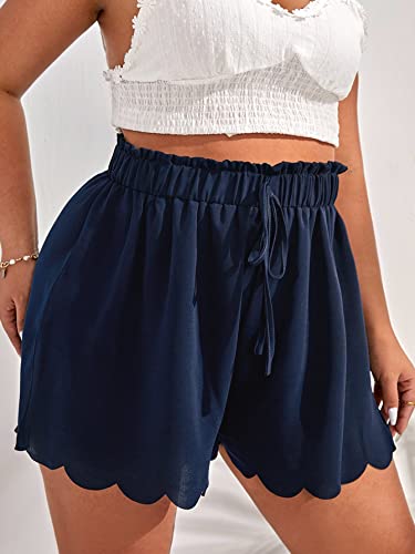 MakeMeChic Women's Plus Size Elastic Waist Scallop Trim Flowy Wide Leg Shorts Navy Blue 1XL - Image 4