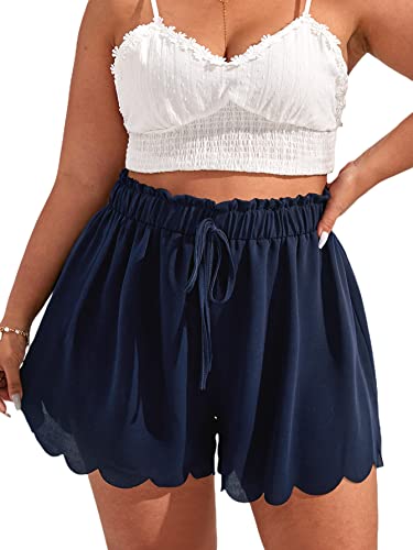 MakeMeChic Women's Plus Size Elastic Waist Scallop Trim Flowy Wide Leg Shorts Navy Blue 1XL - Image 1