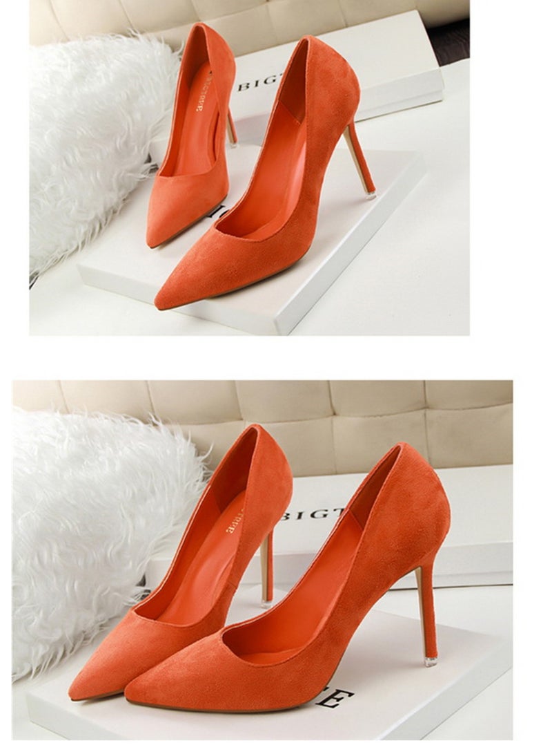 BIGTREE حذاء بكعب رفيع بسيط بإصدار كوري بطول 9 سم وكعب عالٍ وفم ضحل وكعب رفيع مدبب من جلد الغزال باللون البرتقالي - Image 2