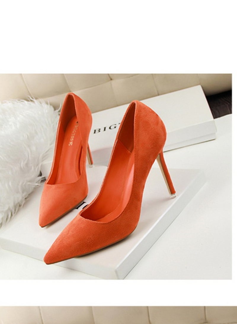 BIGTREE حذاء بكعب رفيع بسيط بإصدار كوري بطول 9 سم وكعب عالٍ وفم ضحل وكعب رفيع مدبب من جلد الغزال باللون البرتقالي - Image 1