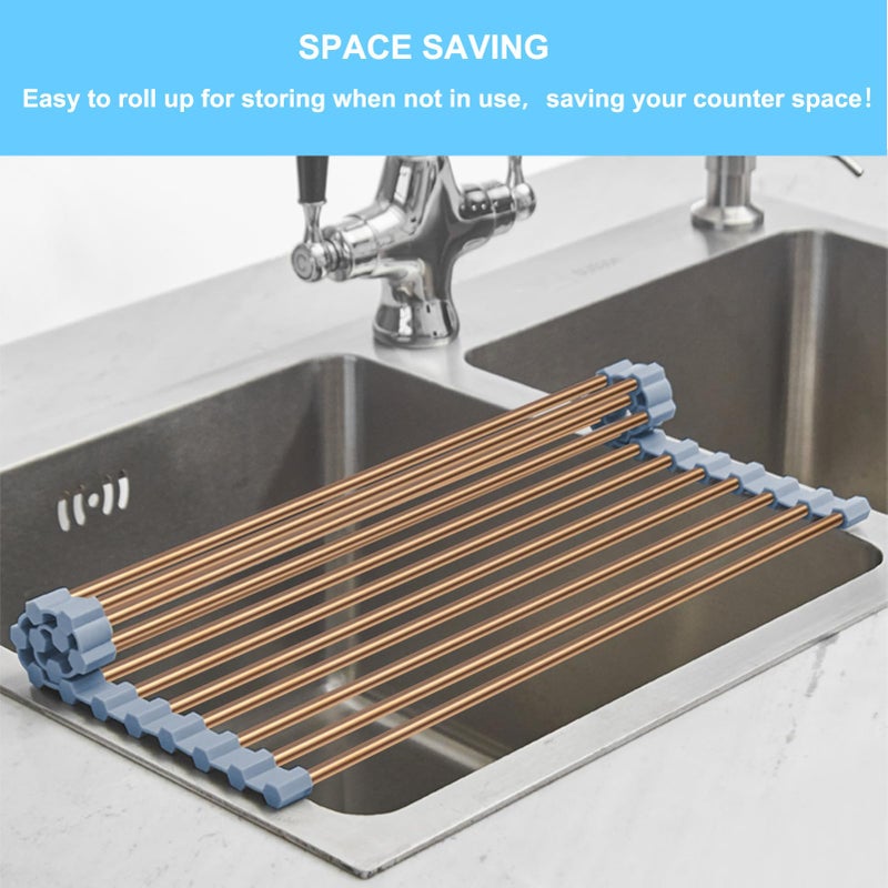Seropy Roll Up Dish Drying Rack Over The Sink Drying Rack for Kitchen Counter, Rolling Dish Rack Over Sink Mat, Foldable Dish Drainer Stainless Steel Rack Kitchen Organization Gold 17.5"x11.8" - Image 3