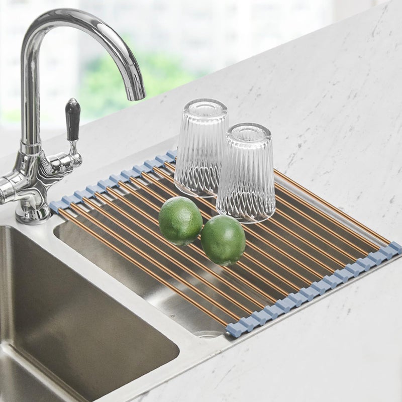 Seropy Roll Up Dish Drying Rack Over The Sink Drying Rack for Kitchen Counter, Rolling Dish Rack Over Sink Mat, Foldable Dish Drainer Stainless Steel Rack Kitchen Organization Gold 17.5"x11.8" - Image 1