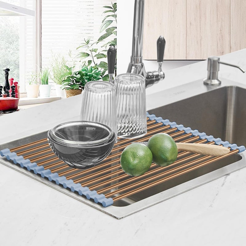Seropy Roll Up Dish Drying Rack Over The Sink Drying Rack for Kitchen Counter, Rolling Dish Rack Over Sink Mat, Foldable Dish Drainer Stainless Steel Rack Kitchen Organization Gold 17.5"x11.8" - Image 2