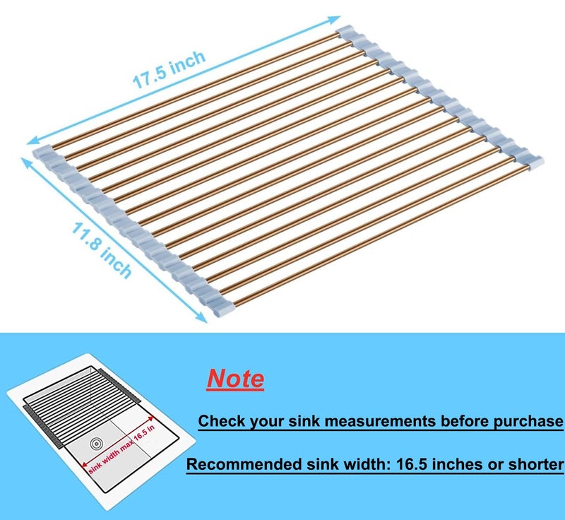 Seropy Roll Up Dish Drying Rack Over The Sink Drying Rack for Kitchen Counter, Rolling Dish Rack Over Sink Mat, Foldable Dish Drainer Stainless Steel Rack Kitchen Organization Gold 17.5"x11.8" - Image 4