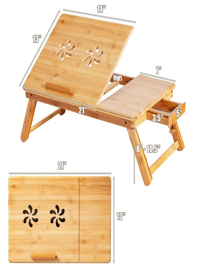 Tangkula 100% Bamboo Laptop Desk with Tilting Top & Drawer, Height Adjustable Portable Breakfast Serving Bed Tray with Heat-Dissipation Holes, Folding Bed Table for Surfing Reading Writing Eating - Image 4