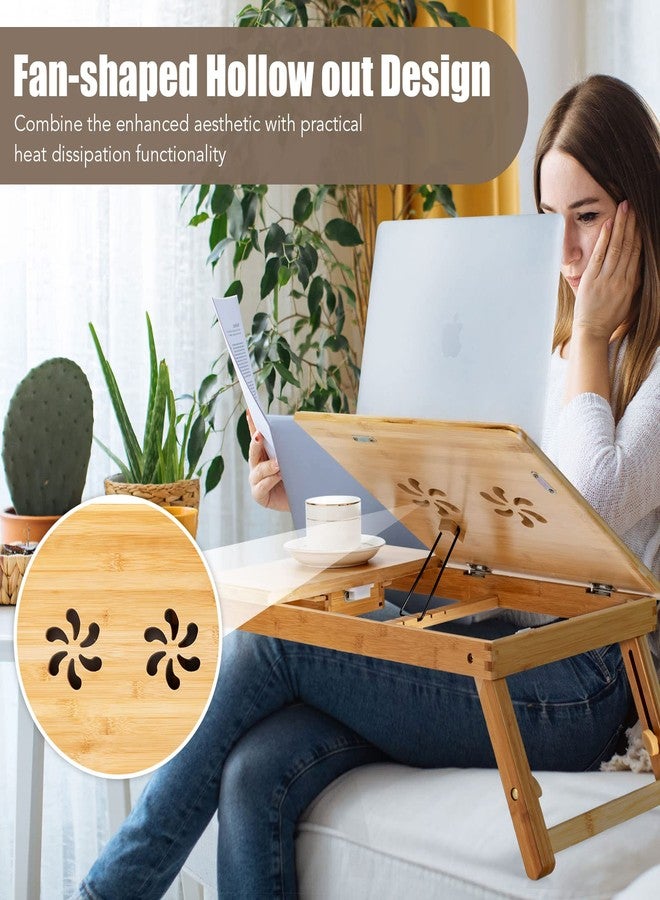Tangkula 100% Bamboo Laptop Desk with Tilting Top & Drawer, Height Adjustable Portable Breakfast Serving Bed Tray with Heat-Dissipation Holes, Folding Bed Table for Surfing Reading Writing Eating - Image 3
