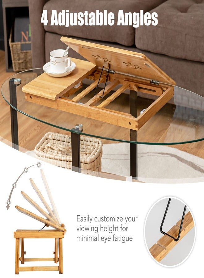 Tangkula 100% Bamboo Laptop Desk with Tilting Top & Drawer, Height Adjustable Portable Breakfast Serving Bed Tray with Heat-Dissipation Holes, Folding Bed Table for Surfing Reading Writing Eating - Image 5