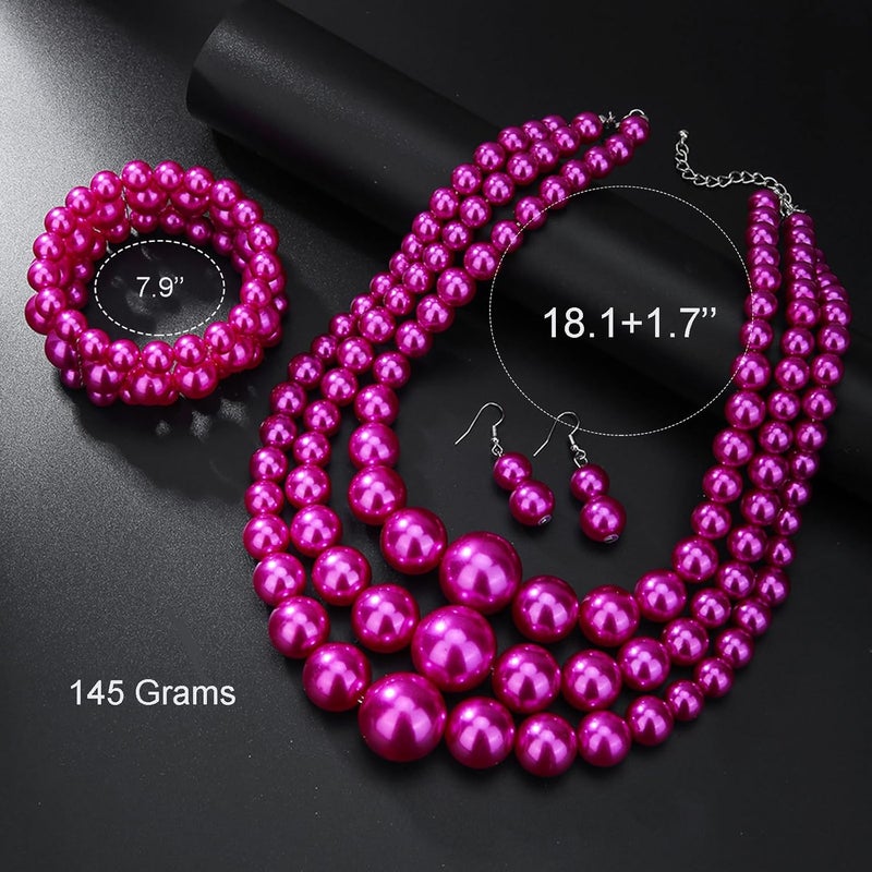 WEWE Imitation Pearl Necklace for Women Large Chunky Pearl Necklaces Multilayer Pearl Necklace and Earring 1920s Costume Jewelry set - Image 3