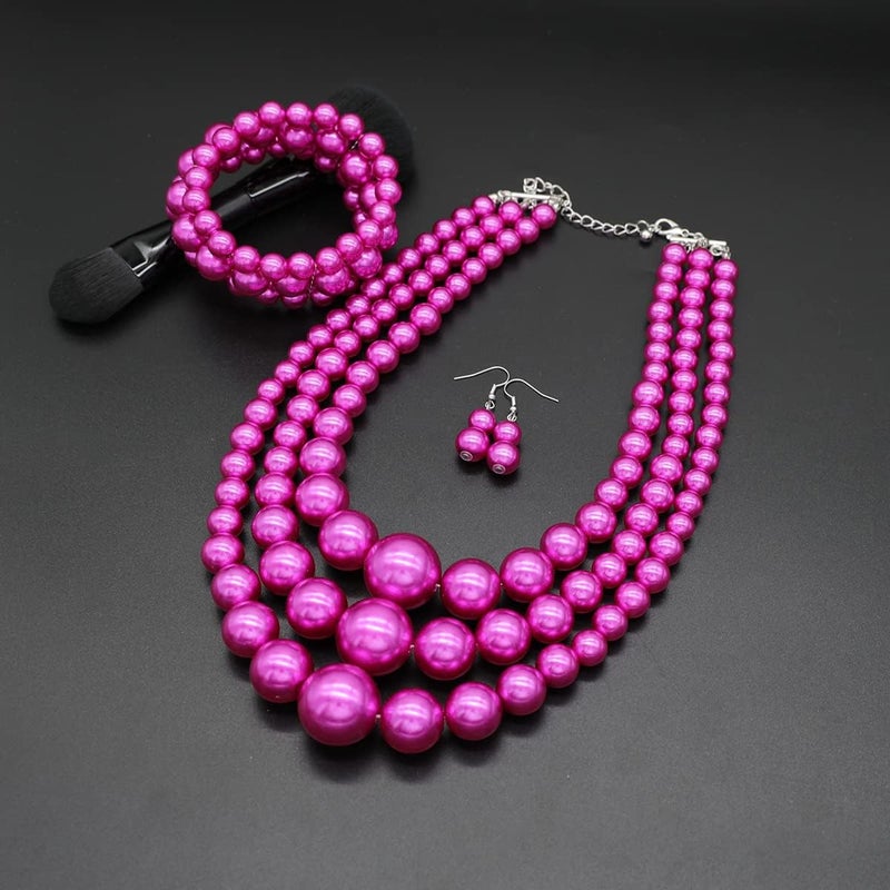 WEWE Imitation Pearl Necklace for Women Large Chunky Pearl Necklaces Multilayer Pearl Necklace and Earring 1920s Costume Jewelry set - Image 4
