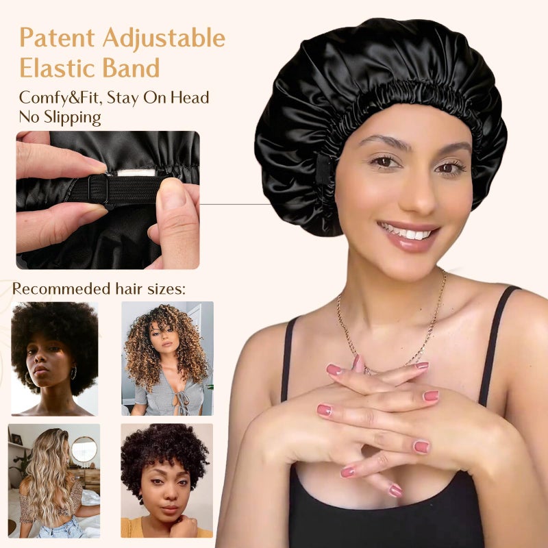 YANIBEST Adjustable Satin Bonnet Double Layer Hair Bonnet for Sleeping Bonnets for Women Hats Curly Natural Hair, Black - Image 4