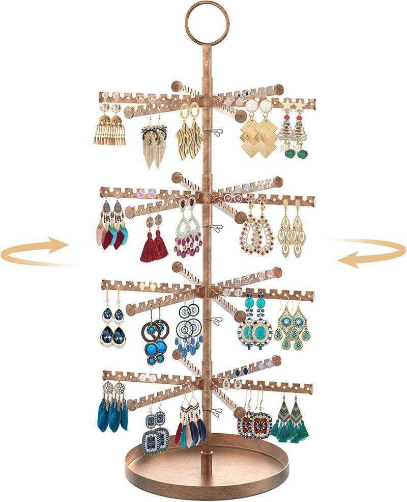 MODOWEY 4 Tier Metal Rotating Earring Holder Organizer Stand Adjustable Display Tree for Women, 384 Holes and Grooves Rack Tower for Pierced Dangle, Large Capacity Space-Saving Jewelry Hanger, Bronze - Image 1