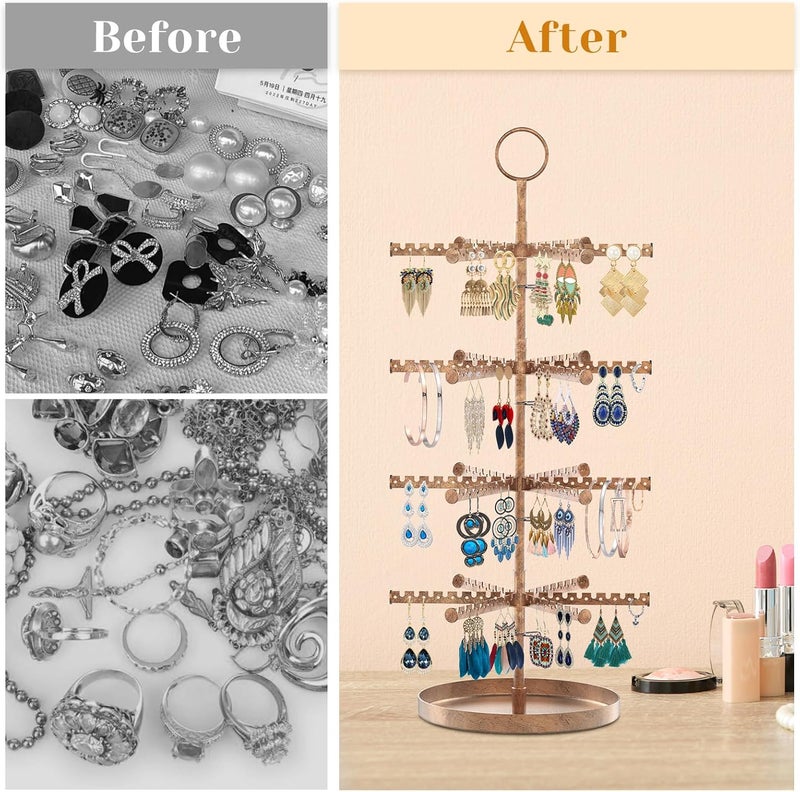 MODOWEY 4 Tier Metal Rotating Earring Holder Organizer Stand Adjustable Display Tree for Women, 384 Holes and Grooves Rack Tower for Pierced Dangle, Large Capacity Space-Saving Jewelry Hanger, Bronze - Image 5