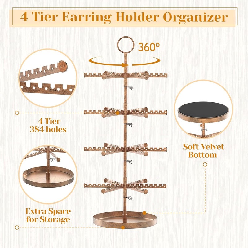 MODOWEY 4 Tier Metal Rotating Earring Holder Organizer Stand Adjustable Display Tree for Women, 384 Holes and Grooves Rack Tower for Pierced Dangle, Large Capacity Space-Saving Jewelry Hanger, Bronze - Image 3