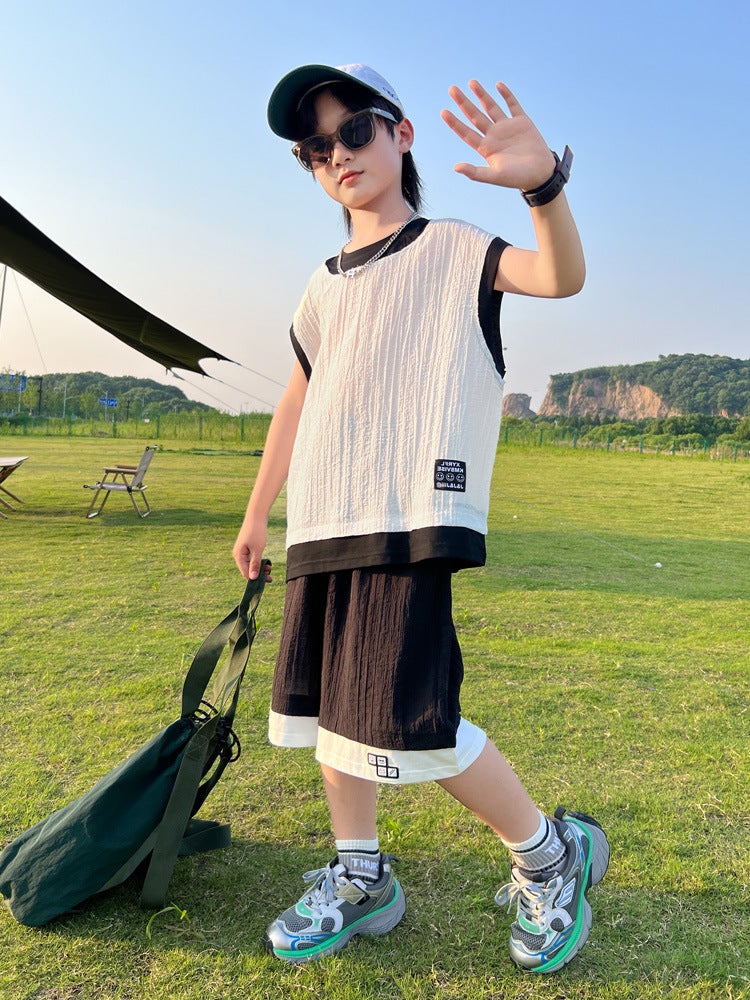 Boys' Summer Outfit Style Boys' Children'S Vest Summer Short-Sleeve For Older Children Trendy Thin - Image 5